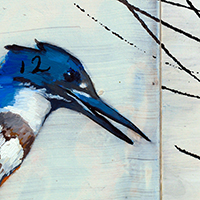 Detail of painting with 19th c. handwriting, signatures and kingfisher.