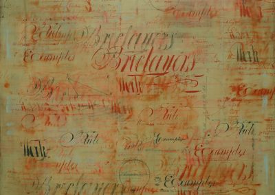 Olive-green and red painting with 19th c. handwriting and geometry lessons...