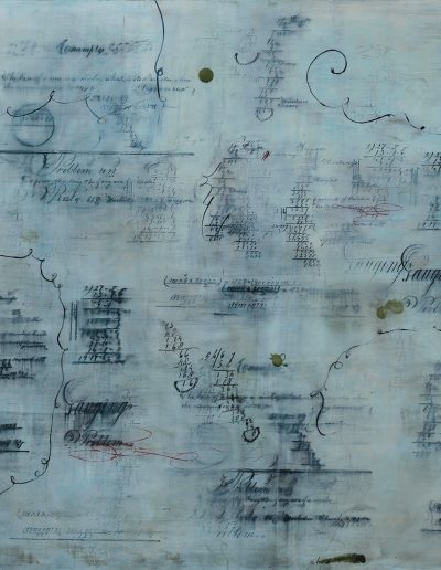 Blue painting with 19th c. handwriting, arithmetic and doodles.