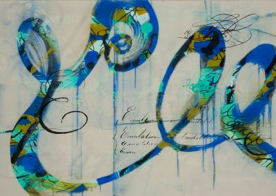 Off-white, blue and green painting with 19th c. handwriting, text and gesture.