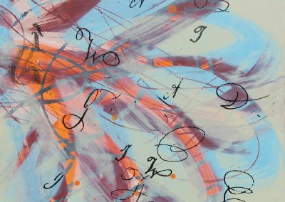 Blue, orange, offwhite painting with handwriting, numbers and gesture.