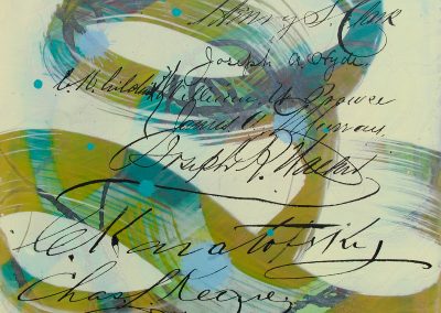 Green, pale-yellow painting with handwriting, text and gesture.