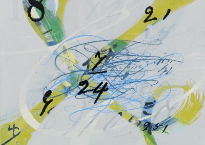 Light-grey painting with handwriting, numbers and scribbles..