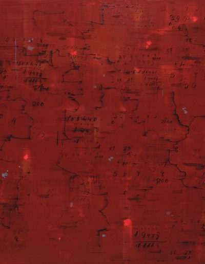 Red painting with 19th c. handwriting, arithmetic and doodles.