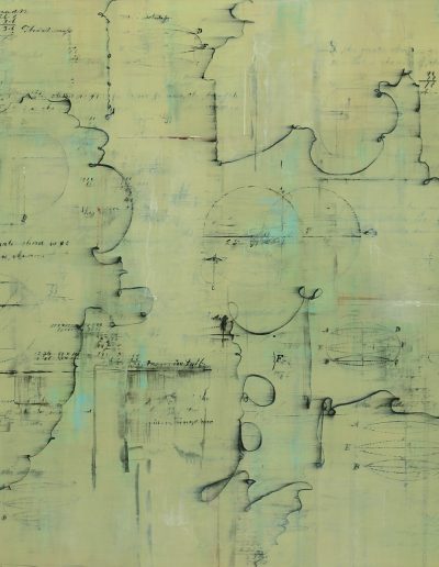 Light-green painting with 19th c. handwriting, geometry and doodles..