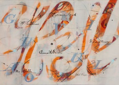 Off-white, orange and grey-blue painting with 19th c. handwriting, signatures, lettering and gesture.