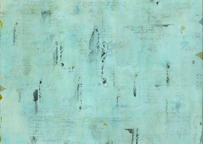 Pale-aqua painting with 19th c. handwriting, arithmetic and gesture.