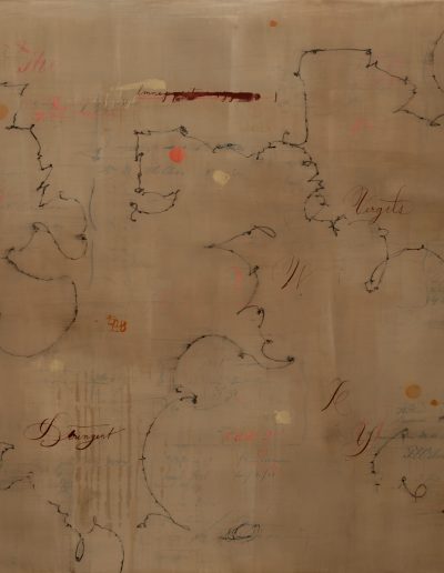 Tan-brown painting with 19th c. handwriting and doodles.