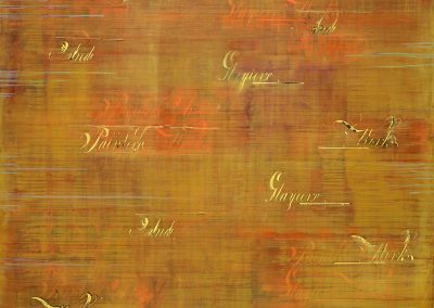 Golden painting with 19th c. handwriting, and text.