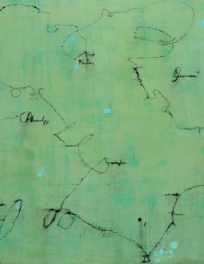 Green painting with 19th c. handwriting and doodles.