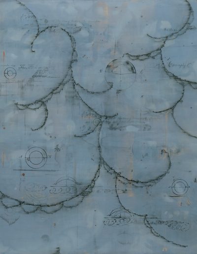 Blue painting with 19th c. handwriting and doodles.