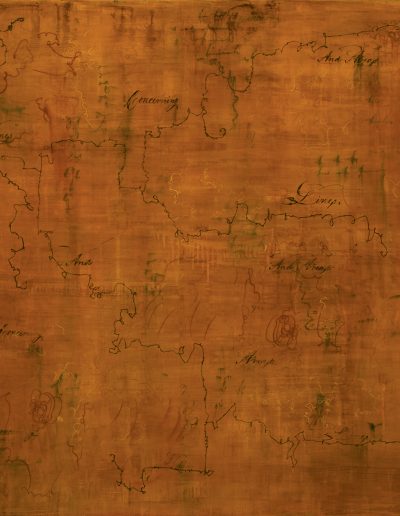 Deep-orange painting with 19th c. handwriting and doodles..