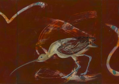 Red painting with 19th c. handwriting, gesture and long-billed curlew.