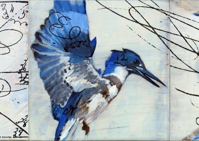 Off-white painting with 19th c. handwriting, gesture and belted kingfisher.