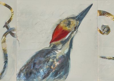 Off-white painting with 19th c. handwriting, gesture and pileated woodpecker.