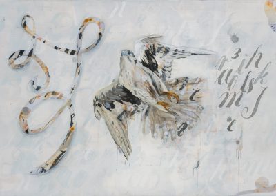 Off-white painting with 19th c. handwriting, gesture and prairie falcon.