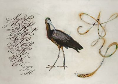 Off-white painting with 19th c. handwriting, gesture and white-faced ibis.