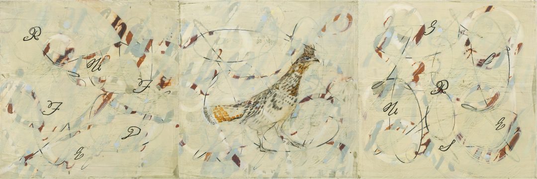 Off-white painting with 19th c. handwriting, gesture and ruffed grouse.