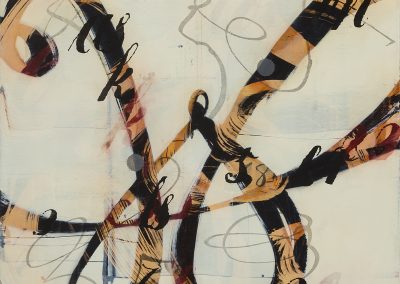 Off-white, black and orange painting with 19th c. handwriting, text and gesture.