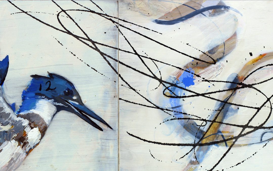 Detail of painting with handwriting, gesture and kingfisher