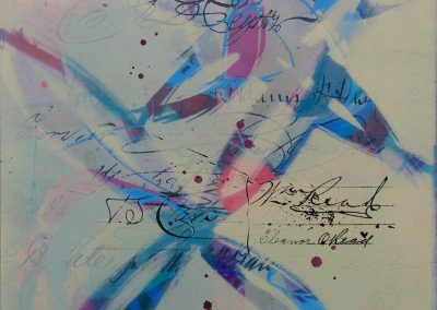 Pink and blue painting with 19th c. handwriting, gesture and signatures.