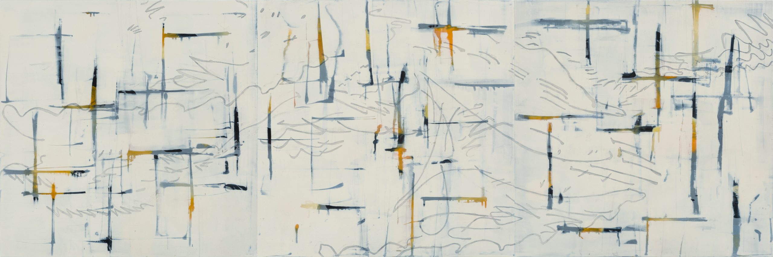 Painting with bright rectilinear marks with curvilinear lines on white ground.